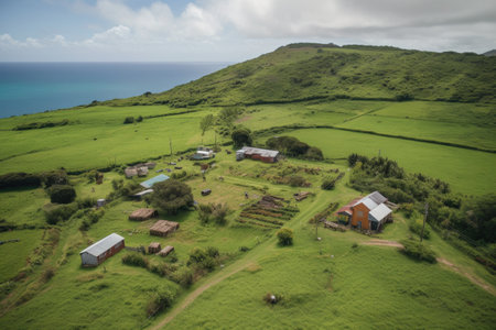 remote island farm, with livestock and crops, providing sustainable living, created with generative aiの素材