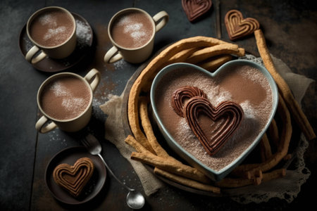 heart-shaped churros surrounded by cups of hot chocolate on a cold winter afternoon, created with generative aiの素材