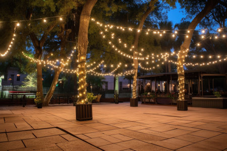 outdoor dance floor surrounded by twinkling lights and lanterns, created with generative aiの素材