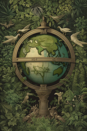 globe surrounded by green leaves and nature symbols, created with generative aiの素材