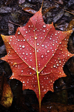 raindrops on a fallen maple leaf, created with generative aiの素材