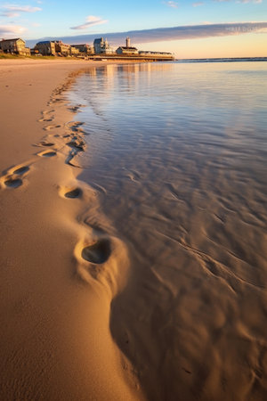 close-up of sandy beach footprints leading into water, created with generative aiの素材