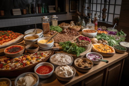 pizza bar, with various toppings and ingredients to choose from, created with generative aiの素材