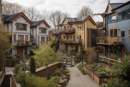 a tiny house community, with communal gardens and common areas, created with generative aiの素材