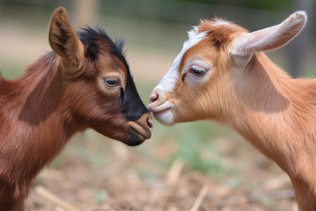 close-up of two tiny goats head-butting and playing in the field, created with generative aiの素材