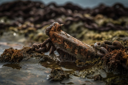 rusted and weathered anchor from long-lost shipwreck being dragged up from the depths, created with generative aiの素材