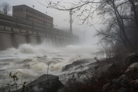 close-up of hydroelectric power plant, with rushing water and mist in the background, created with generative aiの素材