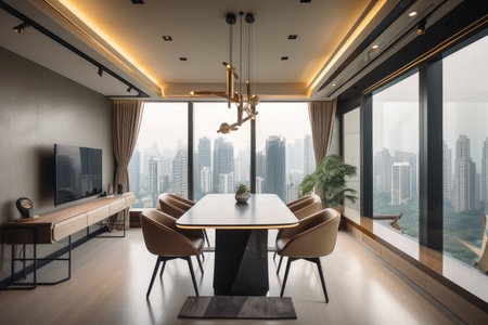 modern living room with video conference set up for business meeting and view of the city skyline, created with generative aiの素材
