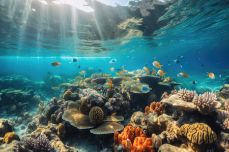 tropical fish swimming among vibrant coral reef, created with generative aiの素材