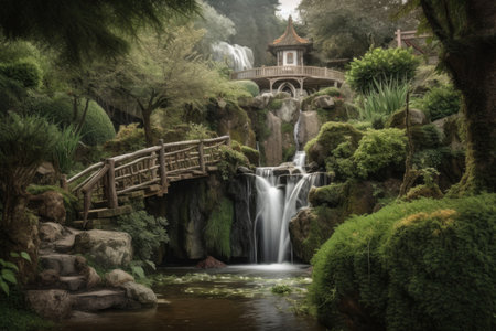 waterfall and bridge in magical garden, leading to mystical castle, created with generative aiの素材