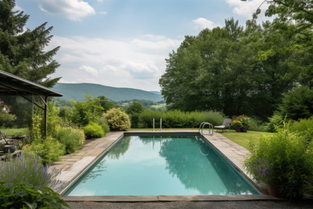 sparkling pool surrounded by greenery, with distant mountains in the background, created with generative aiの素材