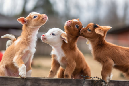 group of tiny goats with their heads in the air, playfully butting each other, created with generative aiの素材