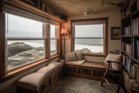 cozy reading nook with view of the beach, waves rolling in, and seagulls flying overhead, created with generative aiの素材