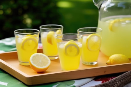 tray of summer lemonade, ready to serve at picnic or party, created with generative aiの素材