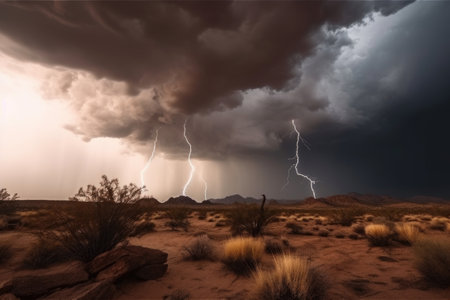 stormy desert sky with thunderclouds and lightning, created with generative aiの素材
