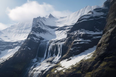 snow-capped mountain range, with a waterfall cascading down the face of the peaks, created with generative aiの素材
