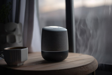 smart speaker giving virtual assistant the weather forecast for the day, created with generative aiの素材