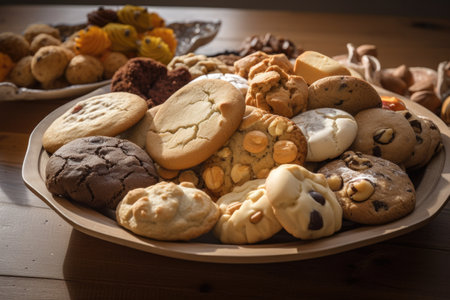 cookie plate filled with assorted cookies and biscotti for a holiday or special occasion, created with generative aiの素材