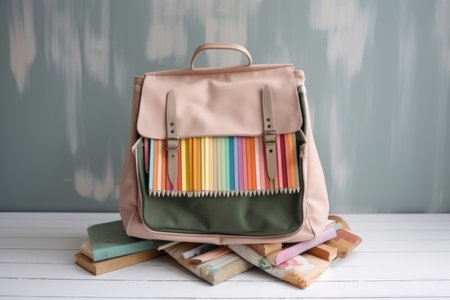 vintage school bag in pastel colors with books and pencils inside, created with generative aiの素材