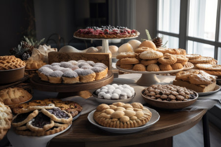 tabletop display of holiday cookies, pies and pastries in bakery, created with generative aiの素材