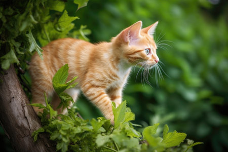 playful kitten climbing tree, with view of the greenery below, created with generative aiの素材