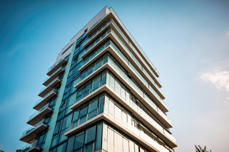 high-rise apartment building with modern exterior and clean lines, reflecting the energy of the city, created with generative aiの素材