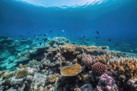 coral reef with schools of colorful fish swimming among the corals, created with generative aiの素材
