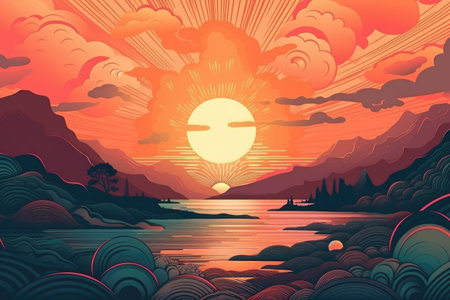 vintage poster of a psychedelic sunrise, with warm and pastel tones, created with generative aiの素材