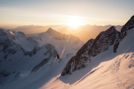 snow-covered mountains, with peaks and valleys visible, at sunrise, created with generative aiの素材