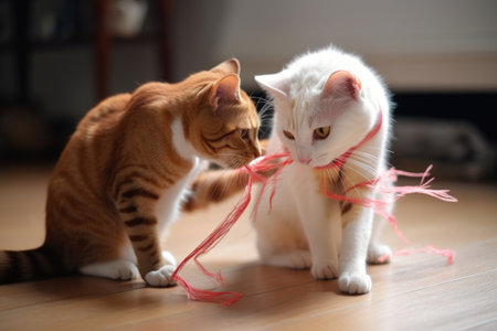 two playful cats playing with ribbon, wrapping it around each other, created with generative aiの素材