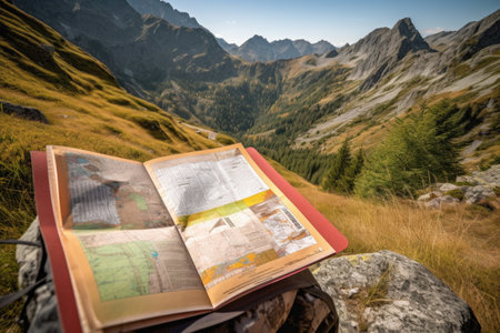 guidebook with map and list of trail markers, during hiking trip in the mountains, created with generative aiの素材