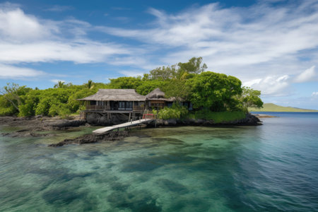 remote island hideaway, surrounded by warm waters and crystal clear skies, created with generative aiの素材