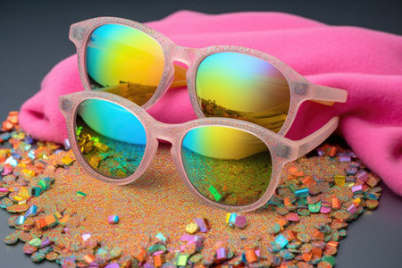 neon sunglasses with rainbow lens and pastel glitter accessories, created with generative aiの素材