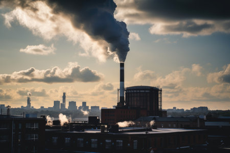smokestack, with plumes of pollution rising into the sky, against a backdrop of city skyline, created with generative aiの素材