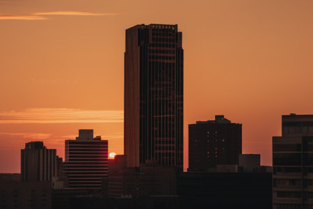 skyscraper at dusk, with the sun setting over the city skyline, created with generative aiの素材
