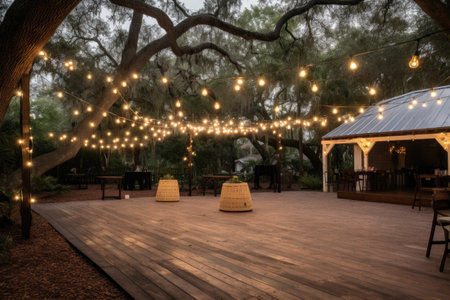 outdoor dance floor surrounded by twinkling lights and lanterns, created with generative aiの素材
