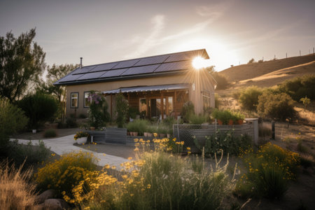 eco-friendly bed and breakfast with solar panels, wind turbines, and water conservation, created with generative aiの素材