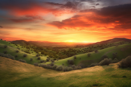 rolling hills with sunset, the skies painted in warm colors, created with generative aiの素材