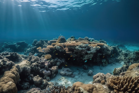 coral reef with fish swimming among the coral and rocks, created with generative aiの素材