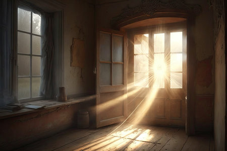 a sunlight stream through the window, illuminating a room and bringing warmth, created with generative aiの素材