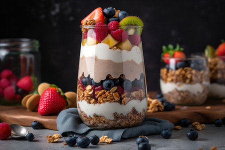 parfait jar with layers of smoothie, granola, and fresh fruit, created with generative aiの素材