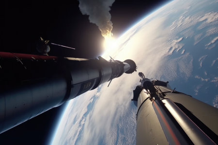 shot of a spacecraft with two astronauts about to blastoff into space, created with generative aiの素材