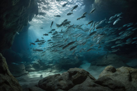 school of fish swims past underwater cave, schools swirling and darting in the current, created with generative aiの素材
