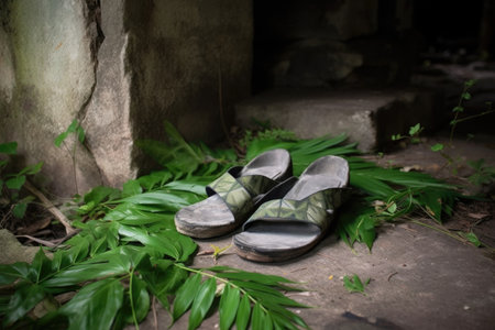 sandal sitting on a stone floor, surrounded by greenery, created with generative aiの素材