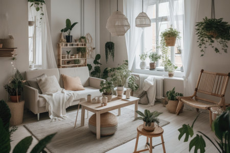 a cozy living room with an arrangement of indoor plants and greenery, created with generative aiの素材