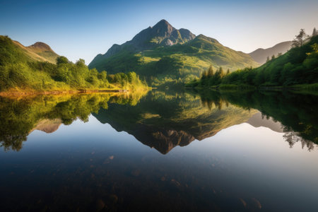 serene lake reflection with peaceful mountain scene in the background, created with generative aiの素材