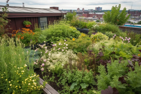 green rooftop garden, with a variety of plants and blooming flowers, created with generative aiの素材