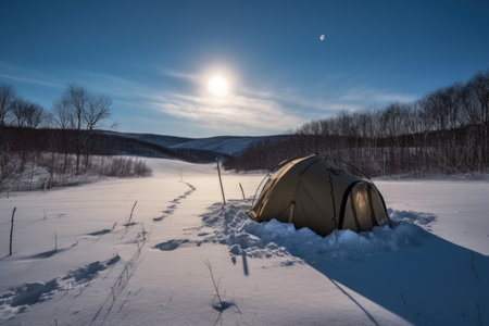 a tent surrounded by snow, with the moon shining above, created with generative aiの素材