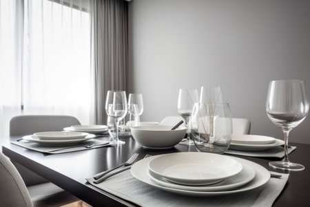 modern dining room with minimalist setting and sleek white plates, silverware, and glassware, created with generative aiの素材