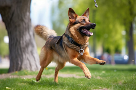 playful dog jumping and flipping through park, with its leash trailing behind, created with generative aiの素材